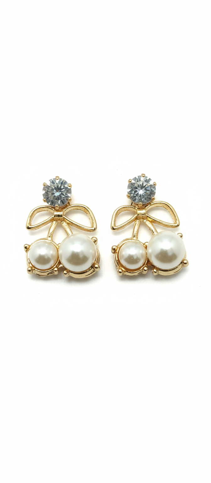 Pearl Cherry Bow Stud Earrings – Korean Style Gold Plated