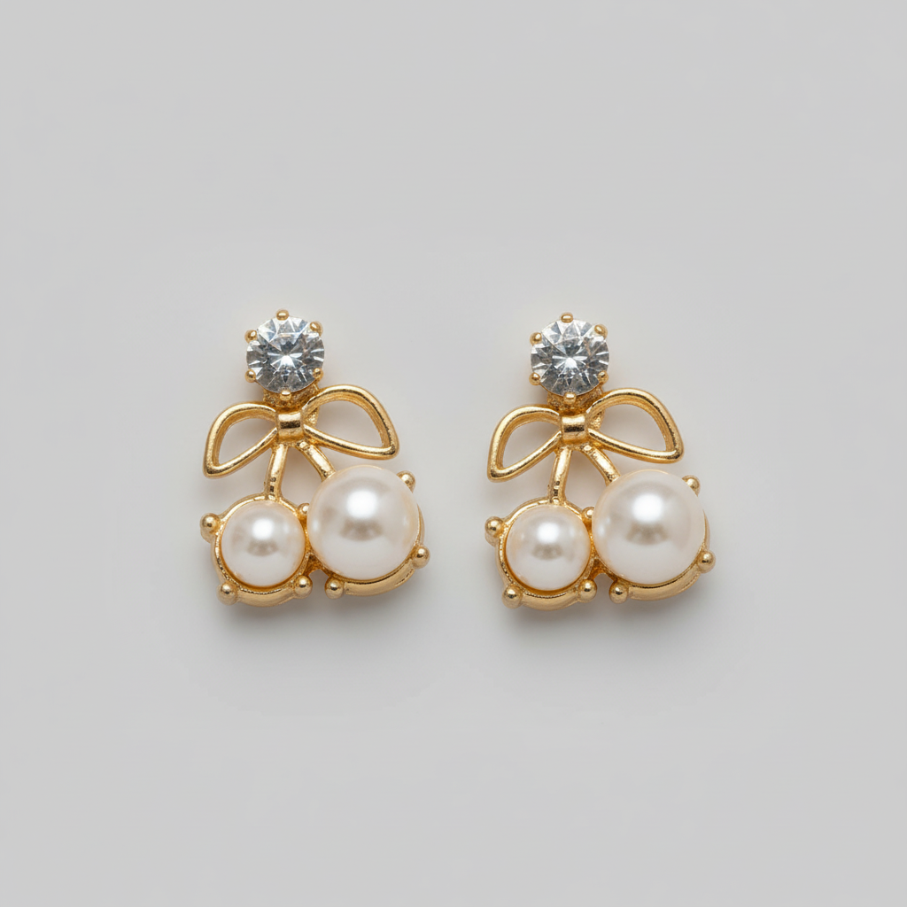 Pearl Cherry Bow Stud Earrings – Korean Style Gold Plated
